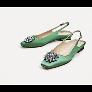 Zara Green Satin Slingback flats with appliqué